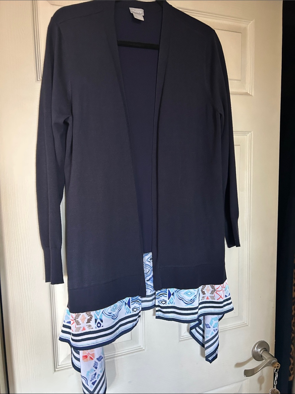 Chico’s Navy blue-Front Women's Cardigan with Patterned Hem.  Chico’s size 1